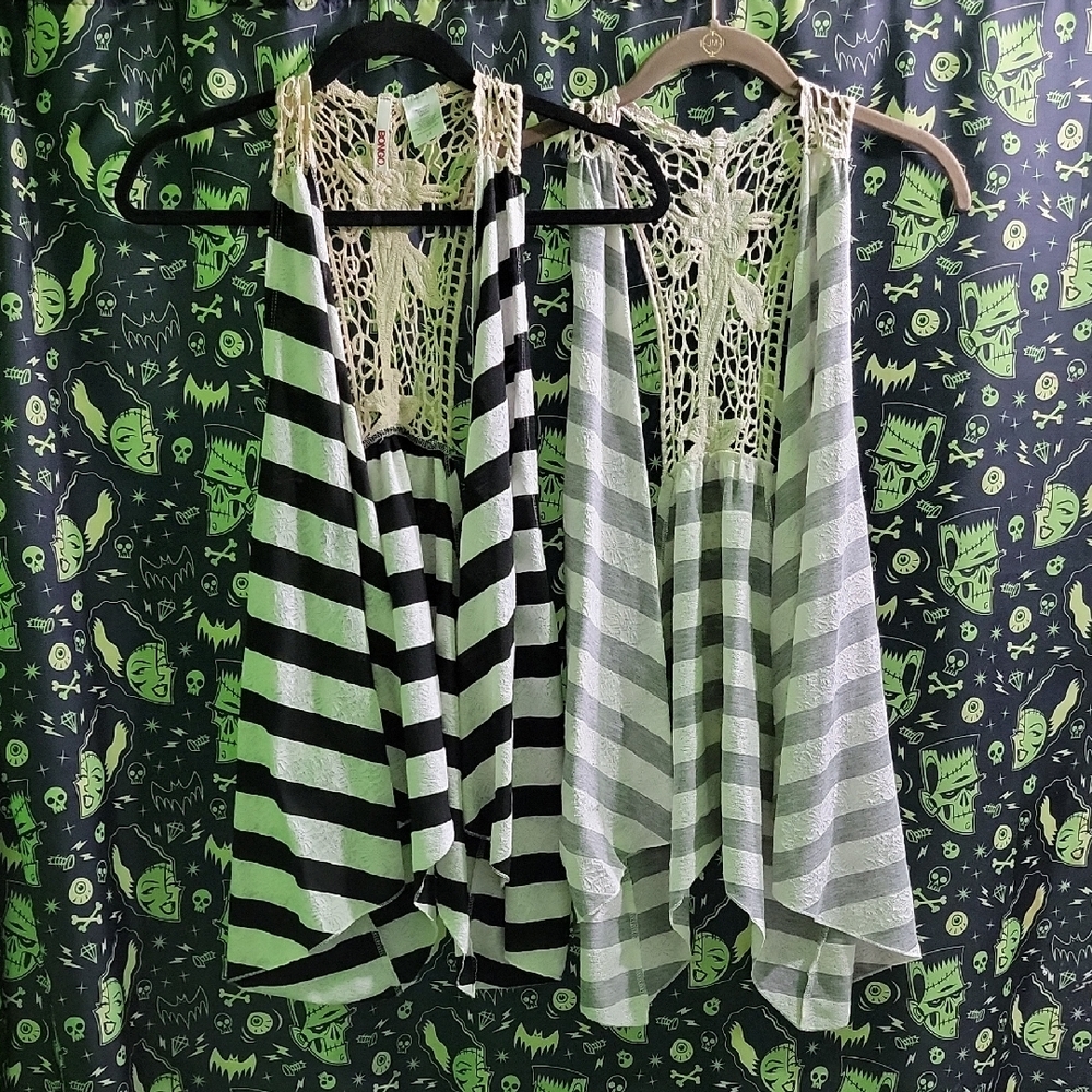 Lot Of 2 Striped Lace Crochet Asymmetrical Boho Goth Vests